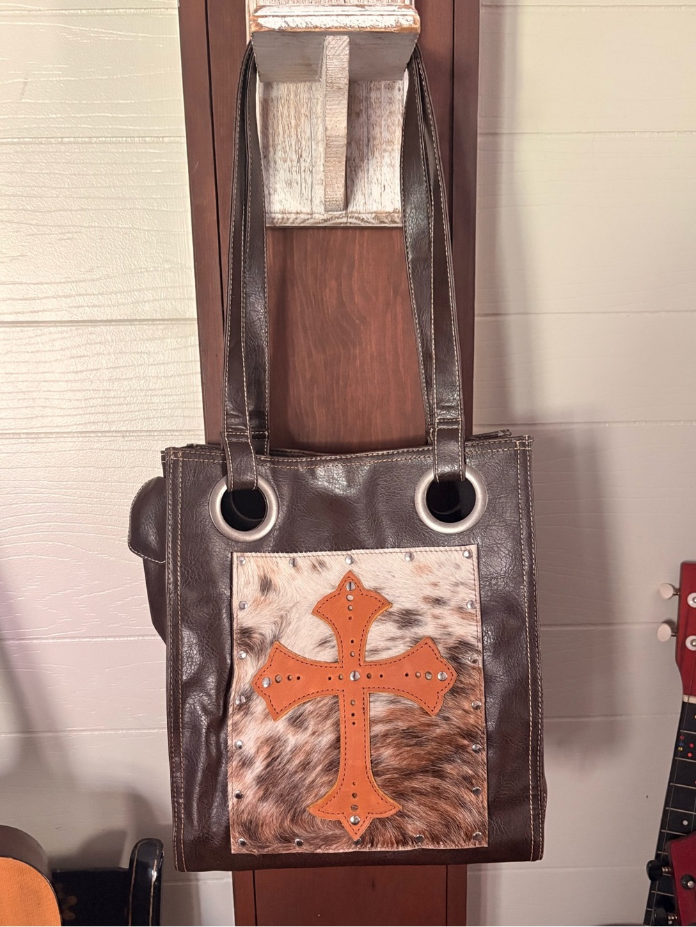 Handcrafted Brown Leather Tote w Haircalf Panel Tan Cross Studded Accent Cowgirl